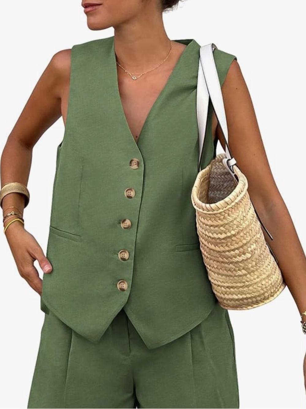 PRETTYGARDEN Army Green V-Neck Button Up Vest Women’s Size Medium Like New